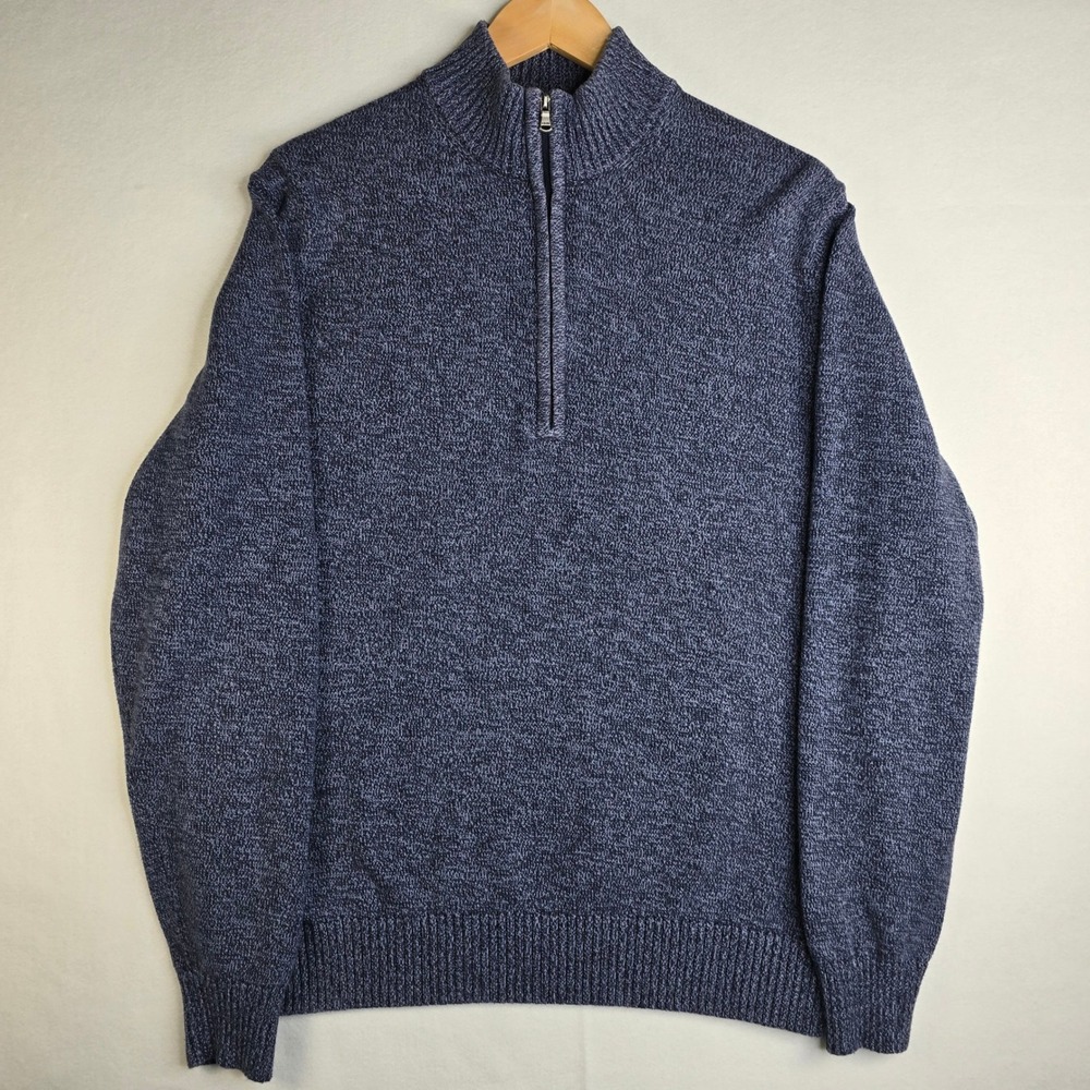 IZOD Mens Quarter Zip Sweater Large Navy Blue Marled Knit Pullover 45FS733484